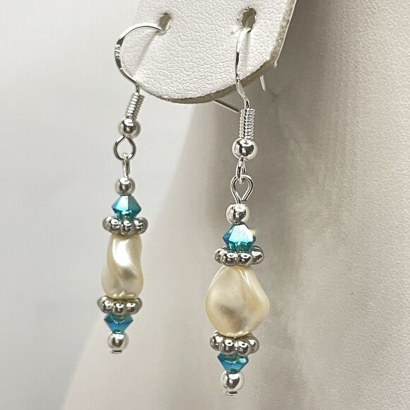 Artisan Made With Swarovski Crystal Pearl Teal Blue Beaded Dangle Earrings - Picture 3 of 6